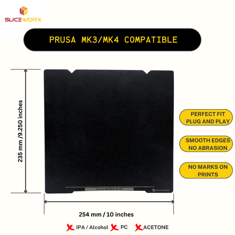 SLICEWORX Flex Dipped Plate Textured Spring Steel Sheet 254x235mm for Prusa MK3/MK4 Printers