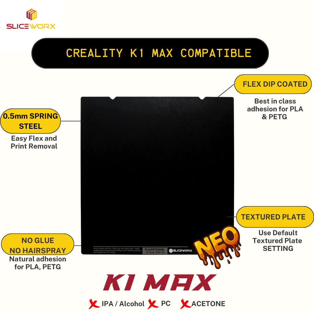 Sliceworx Creality K1 Max Flex Dipped Plate Textured Spring Steel Sliceworx Creality K1 Max Flex Dipped Plate Textured Spring Steel