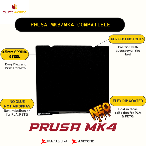 SLICEWORX Flex Dipped Plate Textured Spring Steel Sheet 254x235mm for Prusa MK3/MK4 Printers